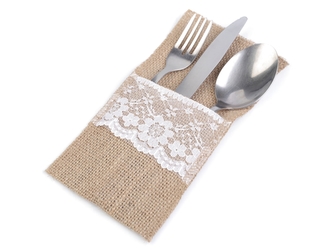 Jutová kapsa na příbory s krajkou 10cm x 21 cm 5ks/bal - přírodní/bílá