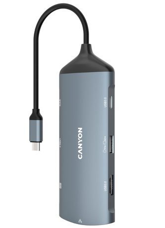 CANYON replikátor portů DS-15 8v1, 1xUSB-C PD 100W, 1xHDMI (4K), VGA, 2xUSB-A 3.0, 1xUSB-A 2.0 RJ45 Gb, 3.5mm jack, SD/m