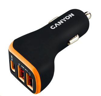 CANYON auto nabíječka C-08, 1xUSB-C (PD 18W) + 2xUSB-A, vstup 12V-24V,výstup 5V-2.4A, Smart IC,CE,RoHS - černo oranžová