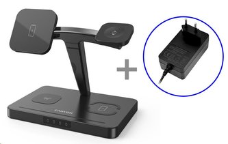 CANYON Bezdrátová nabíječka WS-404B + AC adapter, 4v1, Qi & Apple MagSafe, vstup 12V/3A, výstup 15/10/7.5/5W, černá