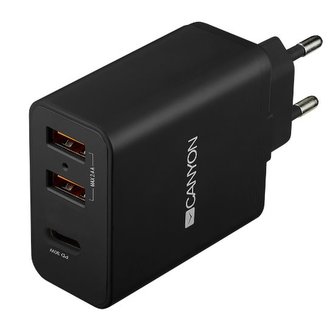 CANYON Nabíjčka do sítě H-08, Power delivery - 1x USB-C (Quick charge), 2xUSB A, černá