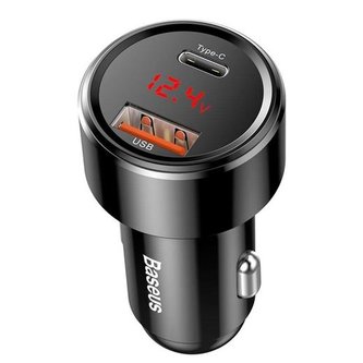 Napájecí adaptér do automobilu USB-A QC + USB-C PD 45W, černá Napájecí adaptér do automobilu USB-A QC + USB-C PD 45W, černá