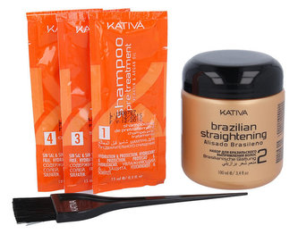Kativa Brazilian Straightening Brazilian Straightening 100 ml + Pre Treatment Shampoo 15 ml + Shampoo 15 ml + Conditioner 15 ml + Applicator Brush + Gloves