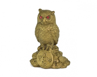 Sovička pozlacená 9 cm, sedící na mincích