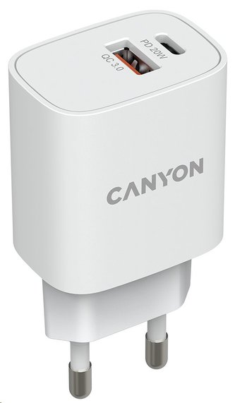 CANYON nabíječka do sítě H-20-04, 1x USB-C PD 20W, 1x USB-A QC 3.0 18W, bílá