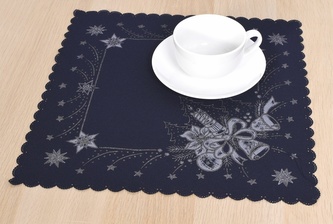 Vánoční ubrus, Svíce se zvonky, modrý 35 x 35 cm