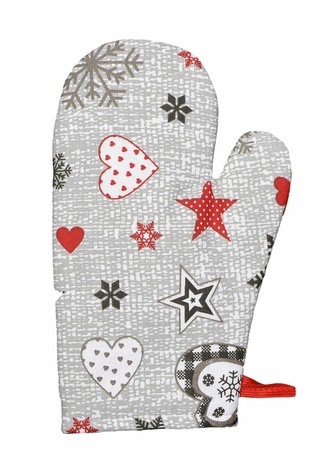 Chňapka kuchyňská, Vánoční hvězdy a srdce, červenošedá Chňapka kuchyňská, Vánoční hvězdy a srdce, červenošedá