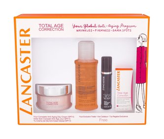 Lancaster Total Age Correction denní pleťová péče SPF15 50 ml + olejová esence 3 ml + čisticí pleťová voda 3v1 100 ml + pleťové sérum 365 Skin Repair 10 ml