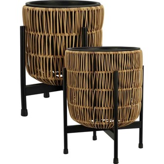 Sada květináčů ve stojanu kulatých 2 ks 28 / 37 cm polyratan