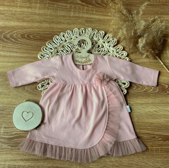 Šaty s tylovým lemem dl. rukáv, Srdce, Mamatti, pudrové, vel. 74; 74 (6-9m)