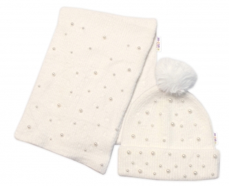 Zimní čepice s bambulí + šál, Pearls, Baby Nellys - smetanová, vel. 54/58; 116-122 (5-7r)