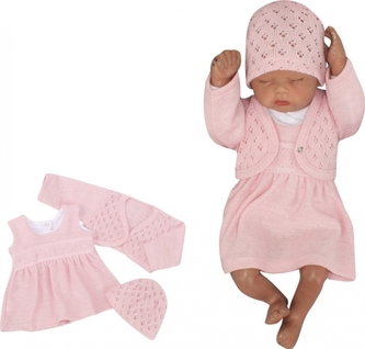 Z&Z 3-dílná pletená sada šatičky, bolérko a čepička - růžová; 56 (1-2m)