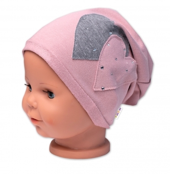 Dětská čepice bavlna, Srdíčka s kamínky, Baby Nellys, pudrová, vel. 92/98; 92/98 (18-36m)