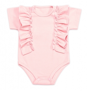 Body kr. rukáv s volánkem, bavlna, zapínání vzadu, Emily Mrofi, pudrové, vel. 68; 68 (3-6m)