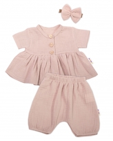 Baby Nellys 3-dílná mušelínová soupr., tunika/halenka, kraťasky, čelenka, béžová, vel. 86; 86 (12-18m)