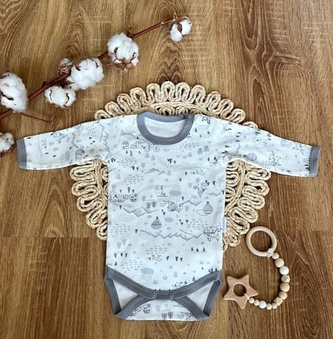 Kojenecké body, dl. rukáv Mamatti, zap. u krku, Město - bílo/šedé, vel. 74; 74 (6-9m)