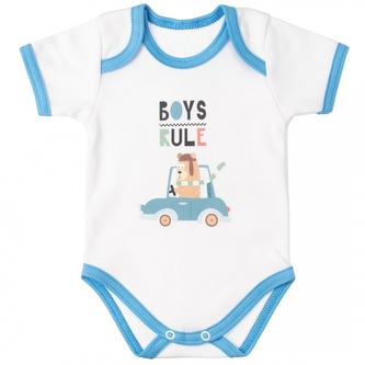MBaby Bavlněné body s krátkým rukávem, Méďa Boys Rule, bílo/modré, vel. 80; 80 (9-12m)
