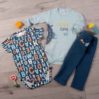 Body dl. rukáv, body kr. rukáv, tepláčky,3D sada K-Baby - Písmenka, modrá; 68 (3-6m)