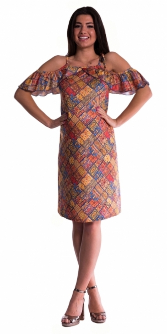 Be MaaMaa Těhotenské šaty s volánkovými rukávy - cihlové; L (40)