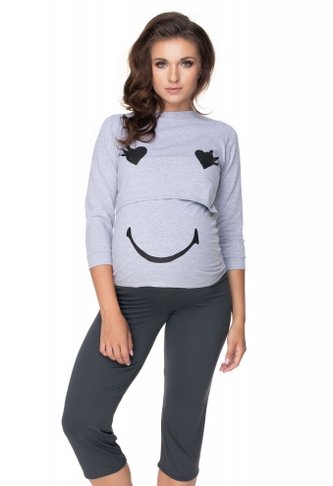 Be MaaMaa Těhotenské, kojící pyžamo 3/4 s dl. rukávem - šedá/grafit, XXL; XXL (44)