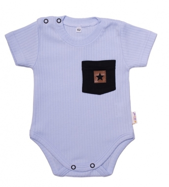 Bavlněné žebrované body s kapsičkou, kr. rukáv, Summer Boy - sv. modré; 56 (1-2m)