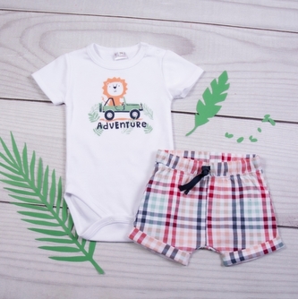 K-Baby 2-dílná dětská sada, body s kr. rukávem a kraťasky Adventure Lvíček; 62 (2-3m)