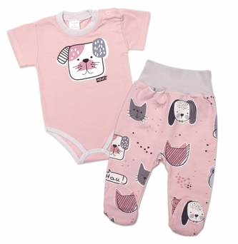 Body kr. rukáv zap. u krku +polodupačky Pejsek a Kočička Mrofi, růžová/šedá; 68 (3-6m)