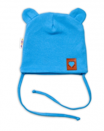 Baby Nellys Bavlněná dvouvrstvá čepice s oušky na zavazování TEDDY - modrá, 68/74; 68/74 (6-9m)