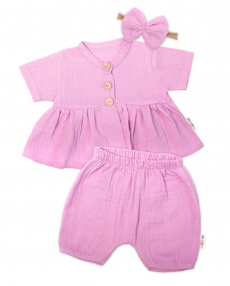 Baby Nellys 3-dílná mušelínová soupr., tunika/halenka, kraťasky, čelenka, růžová, vel. 86; 86 (12-18m)