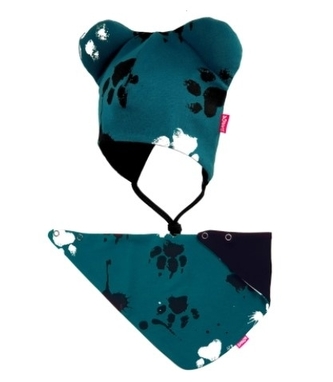 Bexa dvouvrstvá čepice na zavazování s oušky + šátek - Tlapky, petrolejová; 56/62 (0-3m) Bexa dvouvrstvá čepice na zavazování s oušky + šátek - Tlapky, petrolejová; 56/62 (0-3m)