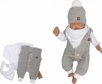 Z&Z 3-dílná soupravička body, dupačky s knoflíčky a šátek, bílá/šedá, vel. 68