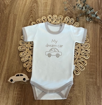 Kojenecké body, kr. rukáv Mamatti, zap. u krku, Dream Car - bílé/šedý lem, vel. 80; 80 (9-12m)