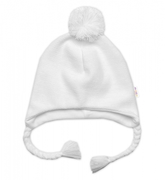 Pletená čepice s bavlněnou podšívkou, bambulkou a copánky, vel. 68/74; 68/74 (6-9m)