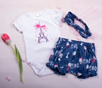 K-Baby 3dílná dětská sada, body s kr. rukávem, kraťásky, čelenka Love Paris, granát; 62 (2-3m)