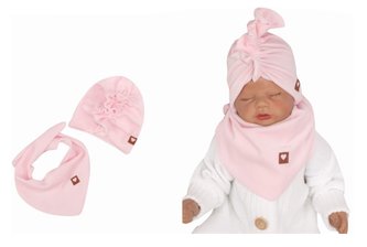 Z&Z Stylová dětská jarní/podzimní velurová čepice, turban s šátkem, sv. růžová, 68/80; 68-80 (6-12m)