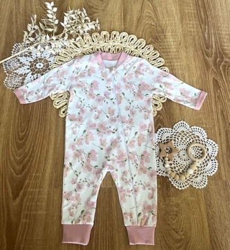 Kojenecký overal bez šlapek Mamatti, Květy višní, smetanovo/pudrový, vel. 80; 80 (9-12m)