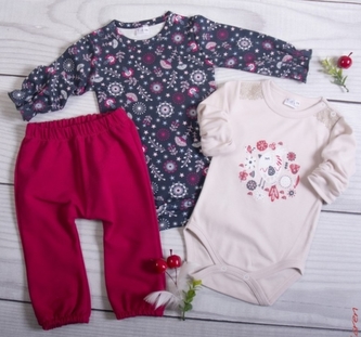 K-Baby 3-dílná sada - 2x body dl. rukáv, tepláčky - Folklór, malina, granát, ecru, vel. 68; 68 (3-6m)