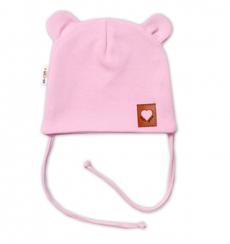 Baby Nellys Bavlněná dvouvrstvá čepice s oušky na zavazování TEDDY - růžová, 68/74; 68/74 (6-9m)