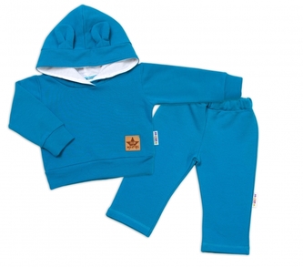 BABY NELLYS Dětská tepláková souprava s kapucí a oušky, petrolejová, vel. 86