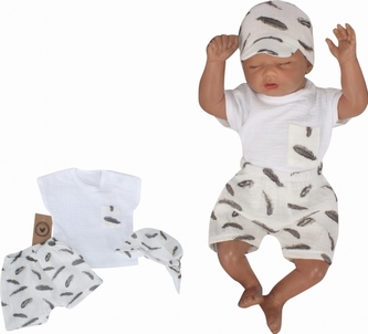 Mušelínové triko, kraťasy + šátek, 3D sada, Pírka Z&Z, bílá/smetana, vel. 80; 80 (9-12m)