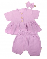 Baby Nellys 3-dílná mušelínová soupr, tunika/halenka, kraťasky, čelenka, lila, vel. 86; 86 (12-18m)