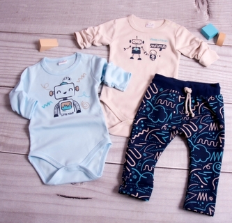 K-Baby 3-dílná sada - 2x body dl. rukáv,tepláčky, New Robot Baby, béžová,sv. modrá; 62 (2-3m)