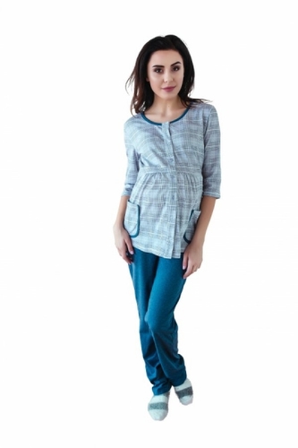 Be MaaMaa Těhotenské,kojící pyžamo, 3/4 rukáv - šedá/jeans; XS (32-34)