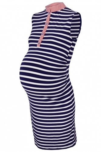 Be MaaMaa Těhotenské,kojící proužkované šaty se stojáčkem - ecru/granát, vel. XXL; XXL (44)