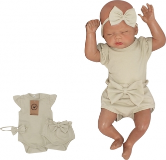 Z&Z 3-dílná sada body, kraťásky, čelenka s mašlí - olivová, vel. 74; 74 (6-9m)