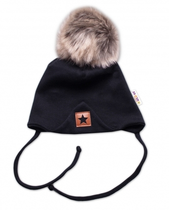 Zimní,podzimní bavlněná dvouvrstvá čepice s bambulí na zavazování Star, černá, vel. 68/80; 68-80 (6-12m)