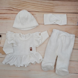 Pletená ažurková sada 4D, tunika, polodupačky, čepička + čelenka Kazum, bílá, vel. 62; 62 (2-3m)