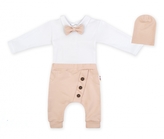 Baby Nellys 3-dílná sada Hubert, body s motýlkem, tepláčky a čepička - béžový, vel. 80