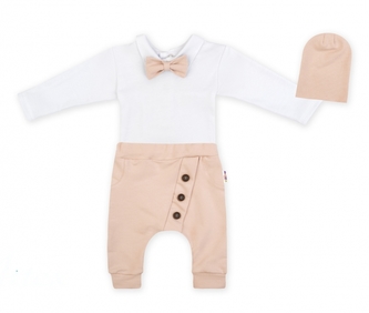 Baby Nellys 3-dílná sada Hubert, body s motýlkem, tepláčky a čepička - béžový, vel. 80