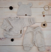 Pletená kojenecká sada 3D, svetřík, tepláčky + čepička Kazum, písková, vel. 62; 62 (2-3m)